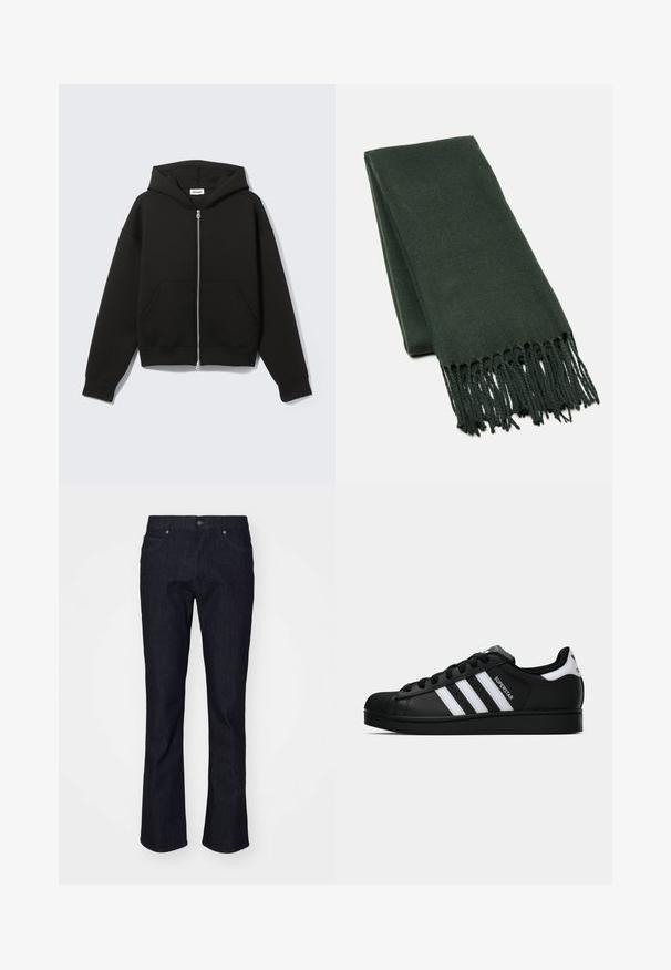 Sudadera negra con cremallera, bolsillo canguro, ajuste oversize, tejido suave y capucha con cordón. Cuenta con una cremallera resistente y puños acanalados.; Camiseta blanca de algodón con cuello redondo, mangas cortas y un corte relajado. Presenta un diseño liso sin patrones ni detalles.; Jeans de denimu oscuro con un diseño de pierna recta, que cuentan con un estilo clásico de cuatro bolsillos y costuras sutiles. Incluye botón y remaches metálicos.; Zapatilla negra Adidas Superstar con rayas blancas, punta de concha y texto "Superstar" en el lateral, mostrada en perfil lateral sobre un fondo blanco.; Bufanda verde oscuro hecha de una tela suave, con un diseño limpio y bordes flecados para añadir textura.