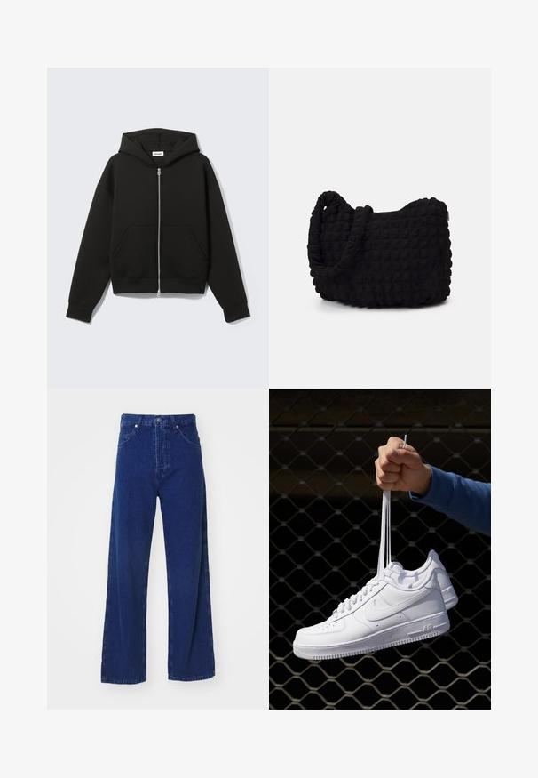 Svart zip-up hoodie med kenguruficka, oversized passform, mjukt tyg och dragsko i huvan. Har ett stadigt blixtlås och ribbade muddar.; Förpackning med fem svarta t-shirts med rund halsringning. Korta ärmar, i bomull, standard passform. Slät textur utan synliga mönster eller dekorationer.; Vidbeniga blå denimjeans med hög midja, med framfickor och knappstängning. Slät textur och minimala sömnadsdetaljer.; Vita lädersneakers med perforeringar, rund tå, platt sula och tjocka snörning, med en synlig swoosh-logga och "AIR" på hälen.; Svart tygväska med en strukturerad, vadderad yta. Rund form, korta, tjocka handtag och en mjuk, flexibel struktur.
