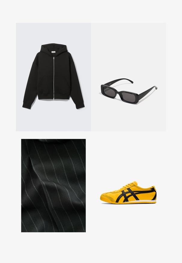 Sweat à capuche noir avec fermeture éclair, poche kangourou, coupe oversize, tissu doux, et capuche avec cordon de serrage. Comprend une fermeture éclair robuste et des poignets côtelés.; Pack de cinq t-shirts noirs à col rond. Manches courtes, en coton, coupe standard. Texture lisse sans motifs ni embellissements visibles.; Tissu noir avec un motif en chevrons et de fines rayures blanches. La texture semble lisse avec une profondeur subtile due au tissage.; Basket jaune avec des accents noirs, texture en cuir lisse, design arrondi, bout rond, semelle plate blanche et marquage bien visible sur le côté.; Lunettes de soleil noires rectangulaires avec des verres foncés, finition brillante, larges branches et un design de monture épaisse. Nom de marque gravé sur une branche.; Sac en tissu noir avec un motif texturé et matelassé. Forme arrondie, poignées courtes et épaisses, et structure souple et flexible.