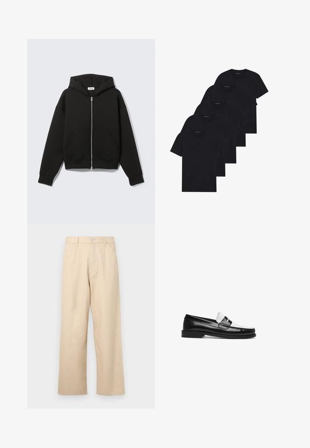 Felpa nera con zip, tasca a marsupio, vestibilità oversize, tessuto morbido e cappuccio con coulisse. Dotata di una cerniera robusta e polsini a costine.; Confezione di cinque t-shirts nere a girocollo. Maniche corte, materiale in cotone, vestibilità standard. Texture liscia senza motivi o abbellimenti visibili.; Pantaloni a gamba larga beige in denim con finitura texturizzata, dotati di chiusura frontale con bottone e design classico a cinque tasche.; Mocassino in pelle bianco e nero con finitura lucida, dotato di suola piatta, accenti cuciti e una fascia decorativa sulla parte superiore.