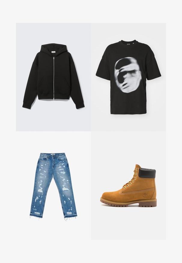 Camisola preta com fecho de correr, bolso canguru, corte oversized, tecido macio e capuz com cordão. Apresenta um fecho resistente e punhos canelados.; T-shirt de algodão preto com uma impressão branca borrada de um rosto. Manga curta e decote redondo.; Calças de ganga azul claro com um corte descontraído, detalhes desgastados e bainhas desfiadas. Design clássico de cinco bolsos com acentos de costura visíveis.; Botim de tornozelo em camurça bege com colarinho acolchoado preto, ilhós de metal dourado, detalhes de costura branca e sola de borracha robusta com sulcos pronunciados.