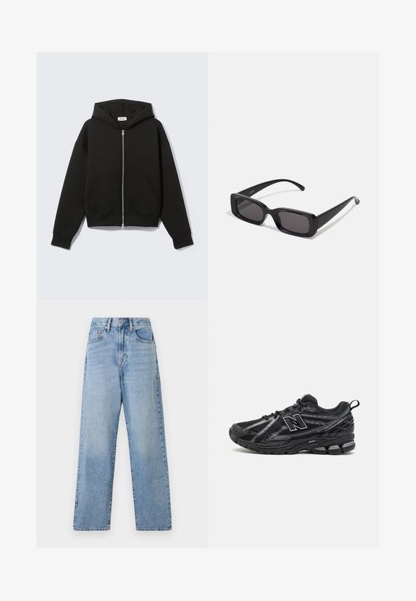Crna majica s kapuljačom na patentni zatvarač s džepom kengura, širokog kroja, od mekanog tkanja, s kapuljačom na vezice. Ima čvrsti patentni zatvarač i rebraste manžete.; Crna pamučna majica s nejasnom bijelom grafikom lica. Kratki rukavi i okrugli izrez.; Svijetloplavi traper široki traperice s visokom strukom, pet džepova i suptilnim izbljeđivanjem. Sadrži detalje s bakrenim gumbima i zakovicama.; Crne atletske tenisice s mrežastim gornjim dijelom, istaknutim logotipom, teksturiranim potplatima i značajkama amortizacije. Dizajnirane za podršku i prozračnost.; Crne pravokutne sunčane naočale s tamnim lećama, sjajnim završetkom, širokim drškama i masivnim okvirom. Ugraviran naziv branda na jednoj dršci.
