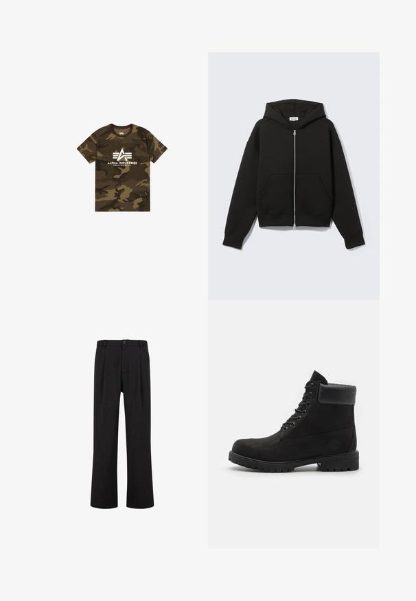 Must mustril lukuga kapuutsiga dressipluus taskuga ees, laiem ja avaram lõige, pehme kangas ning nööriga kapuuts. Omab tugevat lukkud ja soonikuga mansette.; Kamuflaažimustriga T-särk rohelise ja pruuni varjundiga, millel on valge "ALPHA INDUSTRIES" logo. Valmistatud pehmest kangast, lühikeste varrukatega.; Mustad püksid, sirge lõikega, lamedate eest ja volditega. Valmistatud siledast kangast, nööbiga kinni ja vöökoolidega.; Mustade lacesega pahkluu saapad pehme kraega ja robustse tallaga, kujutatud profiilis valge taustaga.