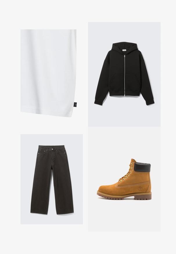 Schwarzer Hoodie mit Reißverschluss, Kängurutasche, übergroßem Schnitt, weichem Stoff und Kapuze mit Kordelzug. Verfügt über einen robusten Reißverschluss und gerippte Ärmelbündchen.; Weißes Baumwoll-T-Shirt mit glattem Textur, lockerer Passform und einem kleinen schwarzen Gewebetag an der unteren Seitennaht. Keine sichtbaren Muster.; Hochwaisted, weit geschnittene schwarze Denim-Jeans verfügen über ein Fünf-Taschen-Design und einen Knopfverschluss. Der Stoff hat eine weiche, strukturierte Oberfläche.; Beige Wildleder-Ankle-Boot mit schwarzem gepolstertem Kragen, goldenen Metallösen, weißen Nähdetalben und einer robusten Gummisohle mit ausgeprägtem Profil.