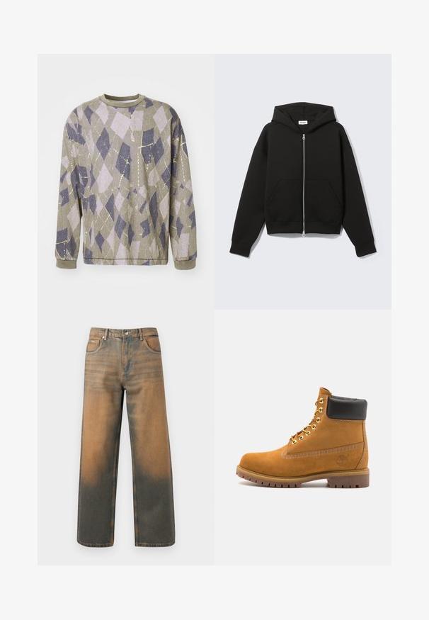 Felpa nera con zip, tasca a marsupio, vestibilità oversize, tessuto morbido e cappuccio con coulisse. Dotata di una cerniera robusta e polsini a costine.; Felpa a maniche lunghe in tessuto grigio testurizzato con un motivo geometrico a diamante in lilla chiaro e blu navy con accenti metallici gialli.; Jeans a gamba larga in denim blu e marrone scuro con effetto usurato. Presentano un alto punto vita, tasche frontali e una chiusura con bottone classico arricchita da dettagli metallici.; Stivale alla caviglia in suede tan con collare imbottito nero, occhielli in metallo dorato, dettagli in cucitura bianca e suola in gomma robusta con battistrada pronunciato.