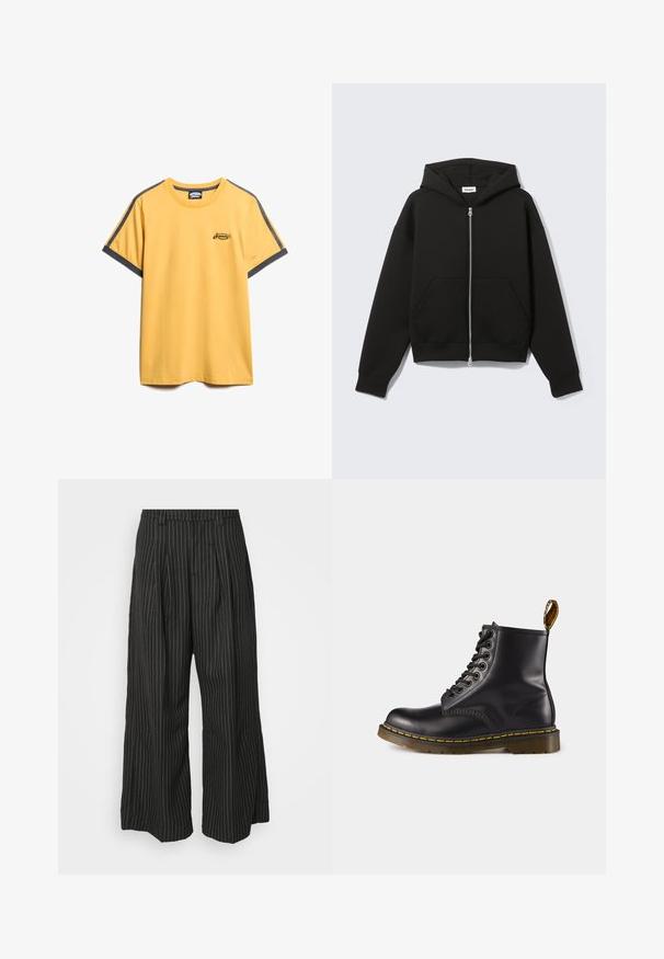 Czarna bluza z kapturem zapinana na zamek, z kieszenią typu kangur, luźnym krojem, miękkim materiałem i regulowanym kapturem na sznurki. Posiada solidny zamek błyskawiczny oraz ściągacze na rękawach.; Żółta bawełniana koszulka z szarymi paskami akcentującymi na rękawach. Posiada małe, haftowane logo na piersi oraz okrągły dekolt.; Czarne spodnie w szerokie nogawki w paski, z zakładkami, charakteryzujące się dopasowanym krojem i miękką teksturą. Brak widocznych metalowych elementów lub akcentów.; Czarne skórzane botki sięgające do kostki z żółtym przeszyciem, wiązane z przodu, o okrągłym nosku i teksturowanej gumowej podeszwie. Posiadają pętelkę z tyłu.