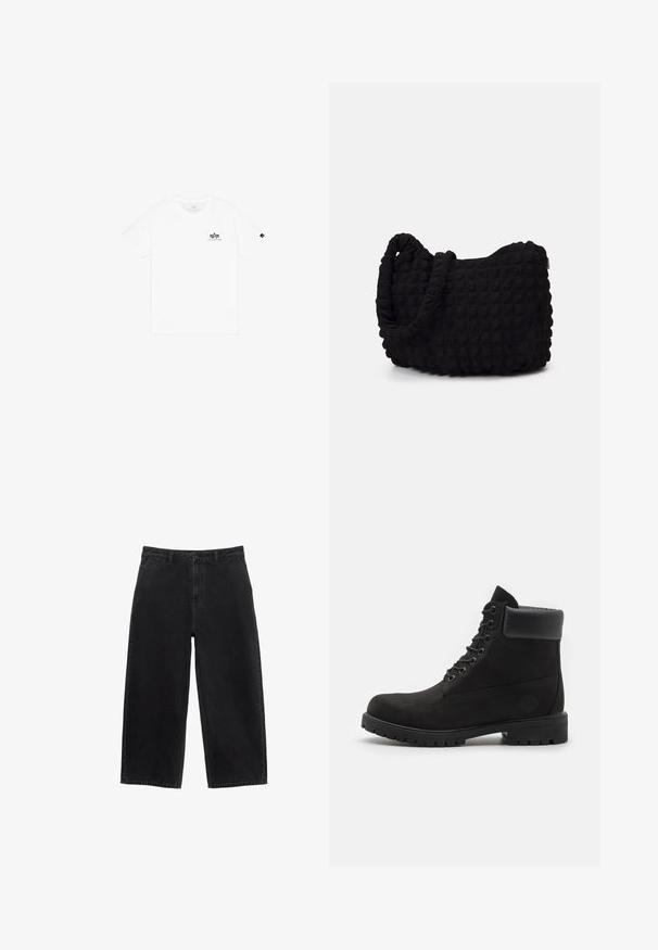 Crna majica s kapuljačom na patentni zatvarač s džepom kengura, širokog kroja, od mekanog tkanja, s kapuljačom na vezice. Ima čvrsti patentni zatvarač i rebraste manžete.; Bijela pamučna majica s okruglim izrezom, kratkim rukavima i malim crnim logom na lijevoj strani prsiju. Jednostavan i klasičan dizajn.; Crne traperice širokih nogavica visokog struka, s prednjim zatvaranjem na gumb i standardnim džepovima. Glatka tekstura i čiste linije.; Crne čizme s vezicama do gležnja, s podstavljenim ovratnikom i čvrstim potplatom, prikazane u profilu na bijeloj pozadini.; Crna platnena torba s teksturiranim, kviltanim uzorkom. Okrugli oblik, kratke, debele ručke i meka, fleksibilna struktura.
