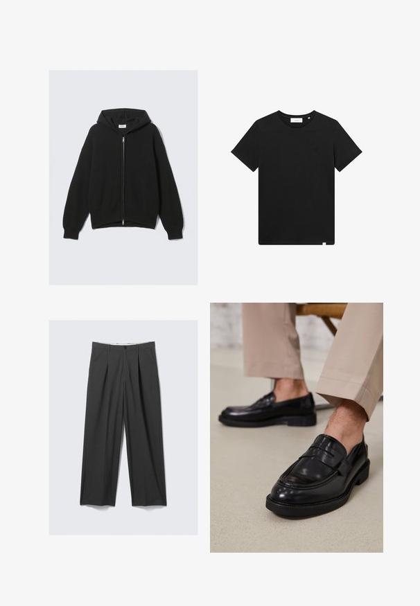 Zwarte hoodie met ritssluiting, gemaakt van een gestructureerde stof, voorzien van een capuchon met trekkoord, geribbelde manchetten en zoom. Eenvoudig, oversized ontwerp.; Zwarte T-shirt met korte mouwen van katoen, met een ronde hals en een klein logo geborduurd op de borst. Soepele textuur, normale pasvorm.; Grijze, brede broek met plooien. Gemaakt van een soepele stof, met een sluiting met knoop aan de voorkant en riemlussen. Plat voorpand ontwerp.; Zwarte leren loafers met een gladde afwerking, voorzien van een decoratieve band en contrasterende stiksels, gecombineerd met beige broeken.