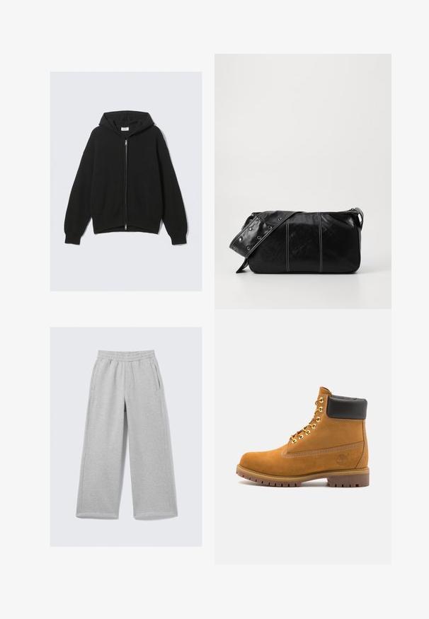 Sort hættejakke med lynlås lavet af struktureret stof, med snørelukning i hætten, ribstrikkede manchetter og kant. Enkel, oversized design.; Lysegrå langærmet polo-shirt lavet af blødt stof, med en hvid krave og fire-knaps placket. Glat tekstur, afslappet design.; Lysegrå joggingbukser med vidde ben, elastisk talje og sidelommer. Fremstillet af blødt, tekstureret bomuldsblanding.; Tan nubuck ankelstøvle med sort polstret krave, gyldne metaløjer, hvid syning detaljer og robust gummisål med udtalte slidbaner.; Sort læder skuldertaske med lynlås, der har en tekstureret overflade, hvid syning og en rem med sølvøskner.