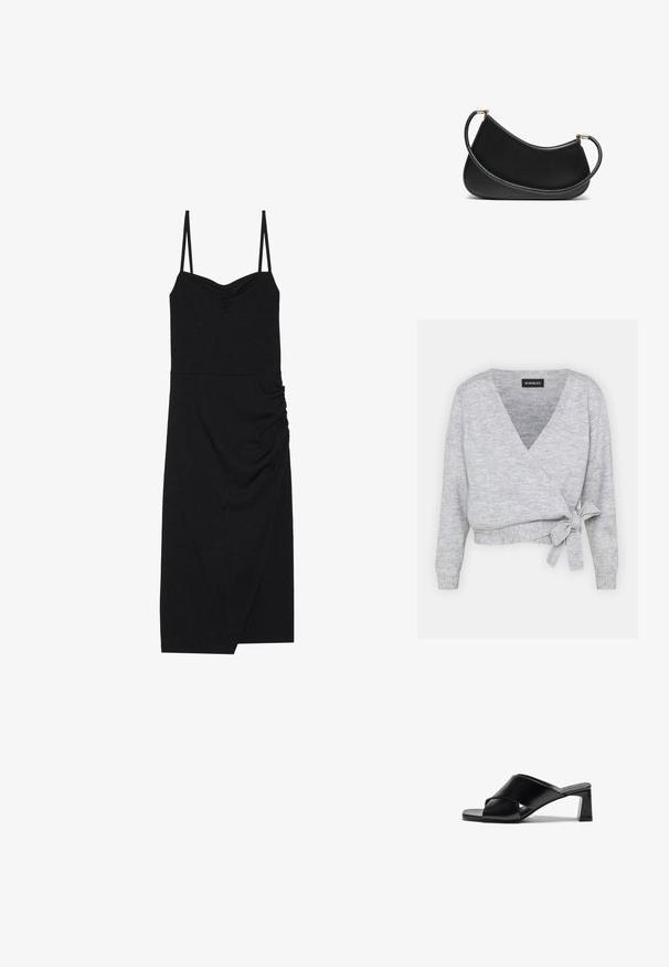 Pelēku svītru džemperis ar V veida kakla izgriezumu, garām piedurknēm un regulējamu saišu jostu viduklī. Izgatavots no mīksta pinuma materiāla ar vieglu tekstūru.; Melnas ribotas kleitas ar plānām regulējamām siksnām, sirds formas dekoltē, sānu drapēšana un asimetriska apmale. Izgatavota no elastīgas auduma.; Melnas ādas augstpapēžu zābakus ar pārsēju dizainu, kvadrātveida purngalu un blokveida papēdi. Gluda tekstūra ar minimālām detaļām.; Melnas ādas plecu soma ar izliekumu, aprīkota ar teksturētu siksnu un zelta tonētiem aksesuāriem augšējā aizdara daļā. Gluda apdare.