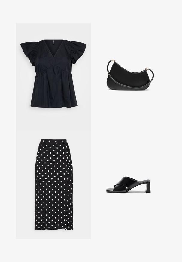 Grå omslagsgenser med v-hals, lange ermer og justerbart belte i livet. Laget av mykt strikket materiale med en subtil tekstur.; Svart bomullstop med V-hals, korte pufferm og rynkedetaljer i midjen for en løs og flytende passform.; To bomulls-bh: en i lys beige og en annen i svart, med tynne stropper og V-hals-design. Merker synlige inni.; Svart skjørt med hvite prikker, laget av mykt stoff. Har rett snitt og splitt nederst for enkel bevegelse.; Sorte lærrem sandal med hæl, som har et krydsrem-design, firkantet tå og blokhæl. Glat tekstur med minimal detaljer.; Svart lær skulderveske med en buet design, med en teksturert stropp og gullfarget hardware på toppen av lukningen. Glatt finish.