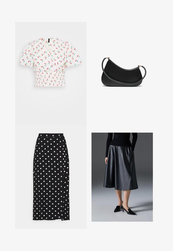 Suéter cinza envolvente com decote em V, mangas longas e um laço ajustável na cintura. Feito de um material de malha suave com uma textura discreta.; Top curto branco com um design envolvente, mangas bufantes, cintura marcada e um padrão de cerejas vermelhas com folhas verdes. Textura de tecido suave.; Saia preta com bolinhas brancas, feita de um tecido macio. Apresenta um corte reto e uma fenda na parte inferior para maior liberdade de movimento.; Saia midi de couro preto com textura suave; apresenta um cós e bolsos laterais. Combinada com sapatos de salto pretos brilhantes.; Bolsa de ombro em couro preto com um design curvo, apresentando uma alça texturizada e detalhes em dourado no fecho superior. Acabamento suave.