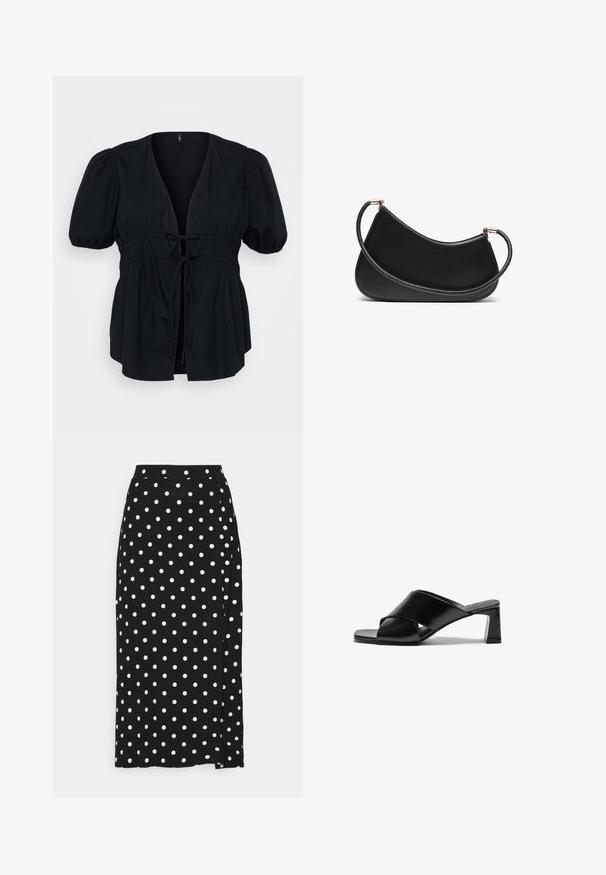 Sivý navrhovaný sveter s výstrihom do V, dlhými rukávmi a nastaviteľným viazaním v oblasti pása. Vyrobený z jemného pleteného materiálu s jemnou textúrou.; Čierna blúzka s hlbokým V-výstrihom, krátkymi puff rukávmi a elastickým sťahovacím pásom. Hladká tkanina s uvoľneným, splývavým strihom.; Čierna sukňa s bielymi bodkami, vyrobená z mäkkého materiálu. Má rovný strih a rozparok na spodnej časti pre ľahší pohyb.; Čierne kožené sandále na podpätku s prekríženým dizajnom remienkov, štvorcovou špicou a blokovým podpätkom. Hladká textúra s minimálnym zdobením.; Čierna kožená taška cez rameno s zakriveným dizajnom, s textúrovaným popruhom a zlatými prvkami na hornej priehradke. Hladký povrch.