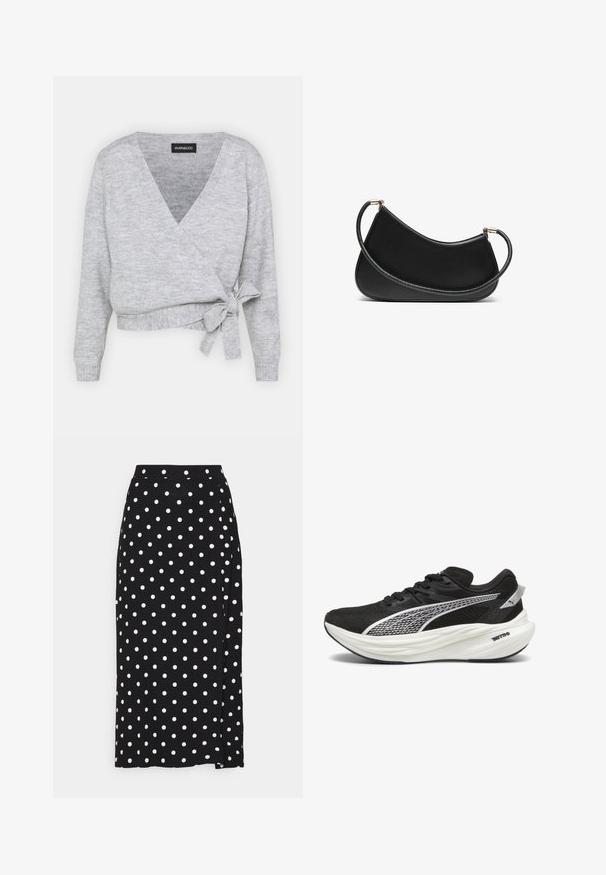 Szürke, V nyakú, hosszú ujjú, kötéssel állítható derékú pulóver, puha, texturált kötött anyagból készült.; Két pamut melltartó: az egyik világos bézs, a másik fekete, vékony pántokkal és V-kivágással. Címkék láthatók a belsejében.; Fekete szoknya fehér pöttyökkel, puha anyagból készült. Egyenes vonalvezetésű, alján rés található a szabad mozgás érdekében.; Fekete sportcipők hálós felsőrészsel, fényvisszaverő ezüst díszítéssel, vastag fehér párnázott középtalppal és fekete gumitalppal.; Fekete bőr válltáska ívelt dizájnnal, texturált pánttal és aranyszínű hardverelemekkel a felső záráson. Simára finomított felület.