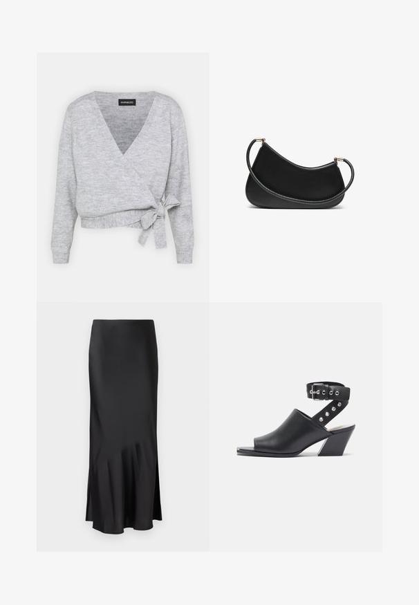 Šedý svetr s překrytím, ve tvaru V, s dlouhými rukávy a nastavitelným páskem v oblasti pasu. Vyrobený z měkkého pleteného materiálu s jemnou texturou.; Dvě bavlněné podprsenky: jedna v světle béžové a druhá v černé barvě, s tenkými ramínky a designem ve tvaru V. Viditelné štítky uvnitř.; Černá saténová midi sukně s elegantním designem, která má mírný rozšířený lem a boční rozparek pro pohodlný pohyb. Hladká textura.; Černé kožené sandály na podpatku s otevřenou špičkou a pásem kolem kotníku, s přezkou a stříbrnými hroty na pásku, s blokovým podpatkem.; Černá kožená kabelka přes rameno s zakřiveným designem, se strukturovaným popruhem a zlatým kováním na horním uzávěru. Hladký povrch.