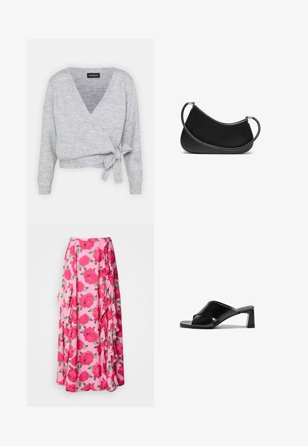 Grau umwickelter Pullover mit V-Ausschnitt, langen Ärmeln und einem verstellbaren Band in der Taille. Hergestellt aus weichem Strickmaterial mit einer feinen Textur.; Zwei Baumwoll-Bralettes: eines in hellbeige und ein anderes in schwarz, beide mit dünnen Trägern und einem V-Ausschnitt-Design. Etiketten sind innen sichtbar.; Floraler Maxirock aus pinkem Stoff mit großen, leuchtend roten Rosen und grünen Blättern. Verfügt über Rüschen an der Seite für zusätzliche Textur.; Schwarze Leder-Absatzsandalen mit einem Kreuzriemen-Design, quadratischer Zehenpartie und Blockabsatz. Glatte Textur mit minimalen Details.; Schwarze Leder-Schultertasche mit geschwungenem Design, ausgestattet mit einem strukturierten Riemen und goldfarbenen Beschlägen am oberenverschluss. Glatte Oberfläche.