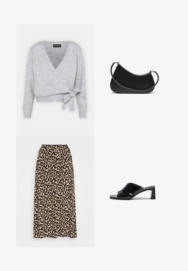 Sivkasta jopica s V-izrezom, dolgimi rokavi in nastavljivim trakom v pasu. Narejena iz mehke pletene tkanine z rahlo teksturo.; Dva bombažna modrčka: en v svetlem bežu in drugi v črni barvi, z tankimi naramnicami in V-izrezom. Oznake so vidne znotraj.; Midi krilo z leopardjim vzorcem v bež in črni barvi. Ima elastiko v pasu in nabran dizajn za dodano gibanje in prileganje.; Črne usnjene sandale na peto z oblikovanjem križnih trakov, kvadratnim prstom in blok peto. Gladka tekstura z minimalnimi podrobnostmi.; Črna usnjena torba za ramo s zakrivljeno obliko, opremljena z teksturirano naramnico in zlatimi dodatki na zgornjem zapiranju. Gladka površina.