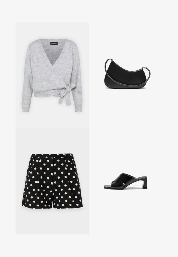 Szürke, V nyakú, hosszú ujjú, kötéssel állítható derékú pulóver, puha, texturált kötött anyagból készült.; Két pamut melltartó: az egyik világos bézs, a másik fekete, vékony pántokkal és V-kivágással. Címkék láthatók a belsejében.; Fekete rövidnadrág fehér pöttyökkel, elülső rakásokkal és oldalsó zsebekkel. Könnyű anyagból készült.; Fekete bőr magas sarkú szandál, keresztpántos kialakítással, négyzet alakú orral és tömbsarkával. Sima textúra, minimális részletezéssel.; Fekete bőr válltáska ívelt dizájnnal, texturált pánttal és aranyszínű hardverelemekkel a felső záráson. Simára finomított felület.