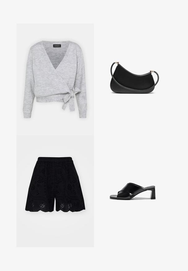 Sivkasta jopica s V-izrezom, dolgimi rokavi in nastavljivim trakom v pasu. Narejena iz mehke pletene tkanine z rahlo teksturo.; Dva bombažna modrčka: en v svetlem bežu in drugi v črni barvi, z tankimi naramnicami in V-izrezom. Oznake so vidne znotraj.; Črne kratke hlače z zapletenimi vezenimi izreznimi vzorci, valovitim robom in elastičnim pasom za udobje.; Črne usnjene sandale na peto z oblikovanjem križnih trakov, kvadratnim prstom in blok peto. Gladka tekstura z minimalnimi podrobnostmi.; Črna usnjena torba za ramo s zakrivljeno obliko, opremljena z teksturirano naramnico in zlatimi dodatki na zgornjem zapiranju. Gladka površina.