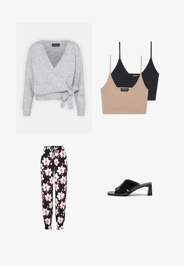 Grijze wikkeltrui met een V-hals, lange mouwen en een verstelbare strik in de taille. Gemaakt van zacht breimateriaal met een subtiele textuur.; Twee katoenen bralettes: de ene in lichtbeige en de andere in zwart, met dunne bandjes en een V-halsontwerp. Labels zichtbaar aan de binnenkant.; Zwarte stoffen broek met een witte en rode bloemenprint, elastische tailleband met trekkoord en geraffineerde manchetten. Lichtgewicht materiaal.; Zwarte lederen haksandalen met een cross-strap ontwerp, vierkante neus en een blokhak. Glad materiaal met minimale details.