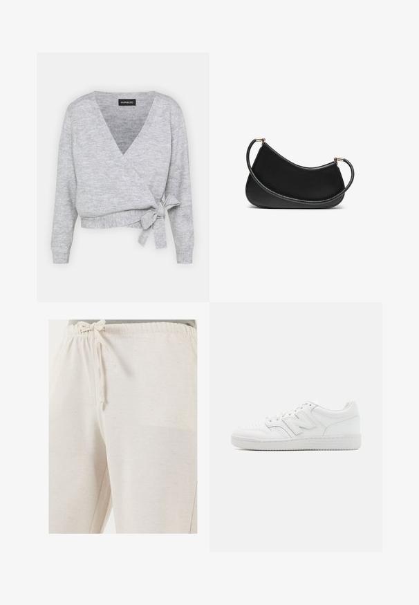 Pelēku svītru džemperis ar V veida kakla izgriezumu, garām piedurknēm un regulējamu saišu jostu viduklī. Izgatavots no mīksta pinuma materiāla ar vieglu tekstūru.; Divi kokvilnas krūšturi: viens gaiši bēšā krāsā un otrs melnā, abiem ir plānas siksniņas un V-veida kakla izgriezums. Redzami etiķetes iekšpusē.; LELA REGULAR FIT - Auduma bikses - beige; Balti sporta apavi, izgatavoti no gludas ādas, ar perforētu purngalu, struktūrētu gumijas zoli, plakaniem auklām un izteiktu 'N' logotipu sānos.; Melnas ādas plecu soma ar izliekumu, aprīkota ar teksturētu siksnu un zelta tonētiem aksesuāriem augšējā aizdara daļā. Gluda apdare.