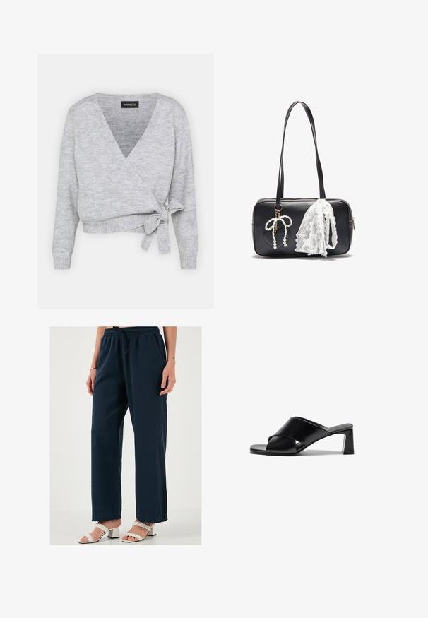 Pilkas švarkelis su V formos iškirpte, ilgomis rankovėmis ir reguliuojamu raiščiu liemens srityje. Pagamintas iš minkštos megztos medžiagos su švelniu tekstūra.; Du vaskiniai liemenukai: vienas šviesiai kreminės spalvos, kitas - juodas, su plonais petnešomis ir V formos iškirpte. Viduje matomi etiketės.; Tamsiai mėlynos pločio kojos kelnės su elastingu juosmeniu ir raišteliu. Lygus audinys su laisvu kirpimu ir nupjautais kraštais. Poruojama su baltais aukštakulniais sandalais.; Juodos odinės aukštakulnės sandalai su kryžminiu dirželio dizainu, kvadratine pėdos forma ir storu kulnu. Lygaus paviršiaus, su minimaliais akcentais.; Even&Odd Rankinė - black