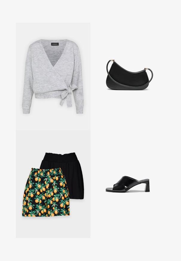 Suéter cinza envolvente com decote em V, mangas longas e um laço ajustável na cintura. Feito de um material de malha suave com uma textura discreta.; Duas bralettes de algodão: uma em bege claro e outra em preto, com alças finas e um design em V. Etiquetas visíveis no interior.; Calções pretos e estampados; um par preto com textura suave, um par estampado em laranja com folhas verdes e frutos laranja brilhante.; Sandálias de salto em couro negro com um design de tiras cruzadas, ponta quadrada e salto bloco. Textura suave com detalhes mínimos.; Bolsa de ombro em couro preto com um design curvo, apresentando uma alça texturizada e detalhes em dourado no fecho superior. Acabamento suave.