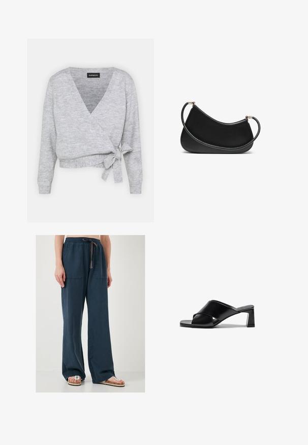 Harmaa kietaisuneule, jossa on V-pääntie, pitkät hihat ja säädettävä siteellinen vyötärö. Valmistettu pehmeästä neulosmateriaalista, jossa on hienovarainen tekstuuri.; Kaksi puuvillabralettia: yksi vaaleanbeige ja toinen musta, ohuilla olkaimilla ja V-pääntiellä. Tunnisteet näkyvissä sisällä.; Laivansiniset väljät housut pehmeästä kankaasta, joissa on kaksi etutaskua, joustava vyötärö ja nauhakuulma; käytetään litteiden sandaalien kanssa.; Mustat nahkaiset korkokengät, joissa on ristikkäinen hihnadesign, neliön muotoinen kärki ja tukipohjakorko. Suora pinta, jossa on vähäiset yksityiskohdat.; Mustassa nahkaolkalaukussa on kaareva muotoilu, jossa on teksturoitu olkahihna ja kultasävyinen metalliosuus yläosassa. Pintamateriaali on sileä.