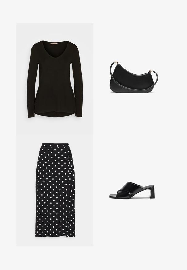 Grau umwickelter Pullover mit V-Ausschnitt, langen Ärmeln und einem verstellbaren Band in der Taille. Hergestellt aus weichem Strickmaterial mit einer feinen Textur.; Langärmliges, schwarzes Oberteil mit V-Ausschnitt, gefertigt aus einem glatten, dehnbaren Stoff; verfügt über einen abgerundeten Saum und eine figurbetonte Silhouette.; Schwarzer Rock mit weißen Punkten, aus weichem Stoff gefertigt. Besitzt einen geraden Schnitt und einen Schlitz an der Unterseite für mehr Bewegungsfreiheit.; Schwarze Leder-Absatzsandalen mit einem Kreuzriemen-Design, quadratischer Zehenpartie und Blockabsatz. Glatte Textur mit minimalen Details.; Schwarze Leder-Schultertasche mit geschwungenem Design, ausgestattet mit einem strukturierten Riemen und goldfarbenen Beschlägen am oberenverschluss. Glatte Oberfläche.