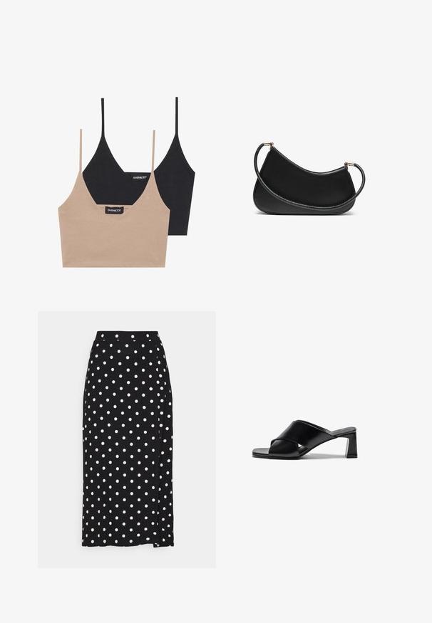 Pelēku svītru džemperis ar V veida kakla izgriezumu, garām piedurknēm un regulējamu saišu jostu viduklī. Izgatavots no mīksta pinuma materiāla ar vieglu tekstūru.; Divi kokvilnas krūšturi: viens gaiši bēšā krāsā un otrs melnā, abiem ir plānas siksniņas un V-veida kakla izgriezums. Redzami etiķetes iekšpusē.; Melna svārku ar baltiem punktiņiem, izgatavoti no mīksta auduma. Iespējojusi taisnu griezumu un izgriezumu apakšā, lai nodrošinātu ērtu kustību.; Melnas ādas augstpapēžu zābakus ar pārsēju dizainu, kvadrātveida purngalu un blokveida papēdi. Gluda tekstūra ar minimālām detaļām.; Melnas ādas plecu soma ar izliekumu, aprīkota ar teksturētu siksnu un zelta tonētiem aksesuāriem augšējā aizdara daļā. Gluda apdare.