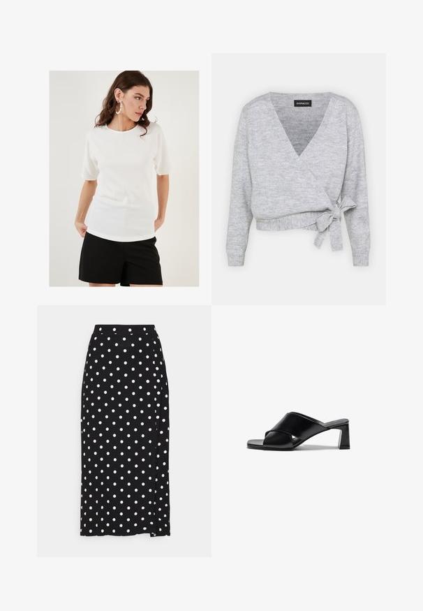 Gray wrap sweater with a v-neck, long sleeves, and an adjustable tie at the waist. Made of soft knit material with a subtle texture.; White short-sleeve top with a textured fabric, featuring a round neckline and a relaxed fit, paired with black shorts.; Black skirt with white polka dots, made from soft fabric. Features a straight cut and slit at the bottom for ease of movement.; Black leather heeled sandals featuring a cross-strap design, square toe, and a block heel. Smooth texture with minimal detailing.