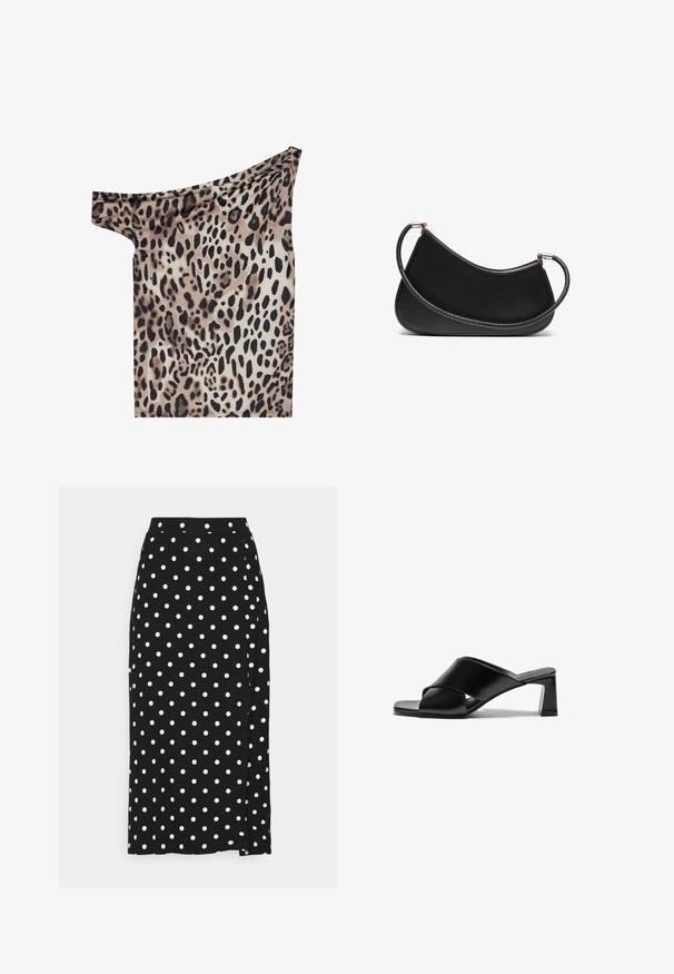 Szürke, V nyakú, hosszú ujjú, kötéssel állítható derékú pulóver, puha, texturált kötött anyagból készült.; Vállnélküli blúz könnyű anyagból, leopárdmintával barna, fekete és krémszín árnyalatokban; sima tapintású és testhezálló fazonú.; Fekete szoknya fehér pöttyökkel, puha anyagból készült. Egyenes vonalvezetésű, alján rés található a szabad mozgás érdekében.; Fekete bőr magas sarkú szandál, keresztpántos kialakítással, négyzet alakú orral és tömbsarkával. Sima textúra, minimális részletezéssel.; Fekete bőr válltáska ívelt dizájnnal, texturált pánttal és aranyszínű hardverelemekkel a felső záráson. Simára finomított felület.