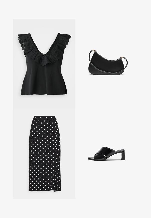 Šedý svetr s překrytím, ve tvaru V, s dlouhými rukávy a nastavitelným páskem v oblasti pasu. Vyrobený z měkkého pleteného materiálu s jemnou texturou.; Černý bezrukávový top s hlubokým výstřihem do V a širokým volánkovým lemem s vystříhanými květinovými detaily. Měkká textura; uvolněný střih s mírným rozšířením.; Černá sukně s bílými puntíky, vyrobená z měkké látky. Má rovný střih a rozparek na spodním okraji pro usnadnění pohybu.; Černé kožené sandály na podpatku s křížovým páskem, čtveratou špičkou a hranatým podpatkem. Hladký povrch s minimálními detaily.; Černá kožená kabelka přes rameno s zakřiveným designem, se strukturovaným popruhem a zlatým kováním na horním uzávěru. Hladký povrch.
