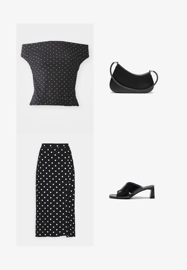 Grå omslagsgenser med v-hals, lange ermer og justerbart belte i livet. Laget av mykt strikket materiale med en subtil tekstur.; Svart av-shoulder topp laget av elastisk stoff, med hvite prikker, i en tilpasset design og myk tekstur.; Svart skjørt med hvite prikker, laget av mykt stoff. Har rett snitt og splitt nederst for enkel bevegelse.; Sorte lærrem sandal med hæl, som har et krydsrem-design, firkantet tå og blokhæl. Glat tekstur med minimal detaljer.; Svart lær skulderveske med en buet design, med en teksturert stropp og gullfarget hardware på toppen av lukningen. Glatt finish.