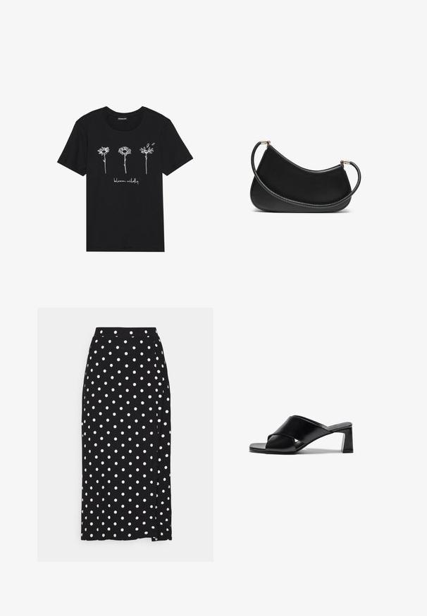 Šedý svetr s překrytím, ve tvaru V, s dlouhými rukávy a nastavitelným páskem v oblasti pasu. Vyrobený z měkkého pleteného materiálu s jemnou texturou.; Černé bavlněné tričko s bílými liniovými kresbami tří květin a textem "rozkveť divoce" pod nimi. Kulatý výstřih a krátké rukávy.; Černá sukně s bílými puntíky, vyrobená z měkké látky. Má rovný střih a rozparek na spodním okraji pro usnadnění pohybu.; Černé kožené sandály na podpatku s křížovým páskem, čtveratou špičkou a hranatým podpatkem. Hladký povrch s minimálními detaily.; Černá kožená kabelka přes rameno s zakřiveným designem, se strukturovaným popruhem a zlatým kováním na horním uzávěru. Hladký povrch.