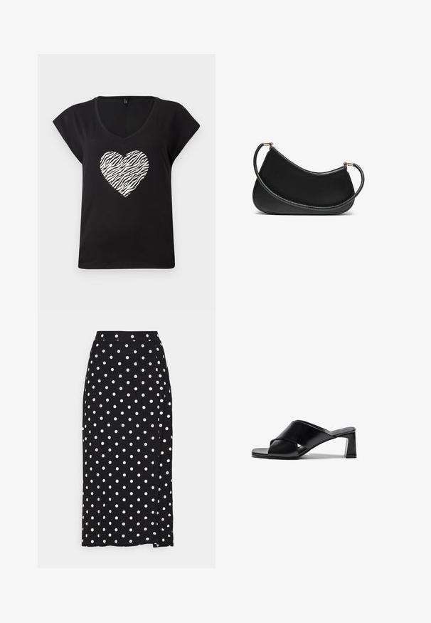 Siva omotna veste s V-izrezom, dugim rukavima i podesivim vezanjem u struku. Izrađena od mekog pletenog materijala s suptilnom teksturom.; Crna majica s kratkim rukavima i V-izrezom, sadrži srce s uzorkom srebrne zebre u središtu. Izrađena je od mekog pamučnog materijala.; Crna suknja s bijelim točkicama, izrađena od mekanog materijala. Ima ravni kroj i prorez na dnu za lakše kretanje.; Crne kožne sandale s potpeticama koje ističu dizajn s križnim trakama, kvadratni nožni prst i blok petu. Glatka tekstura s minimalnim detaljima.; Crna kožna torba za rame s zaobljenim dizajnom, koja sadrži teksturiran remen i zlatne detalje na zatvaranju. Glatka površina.