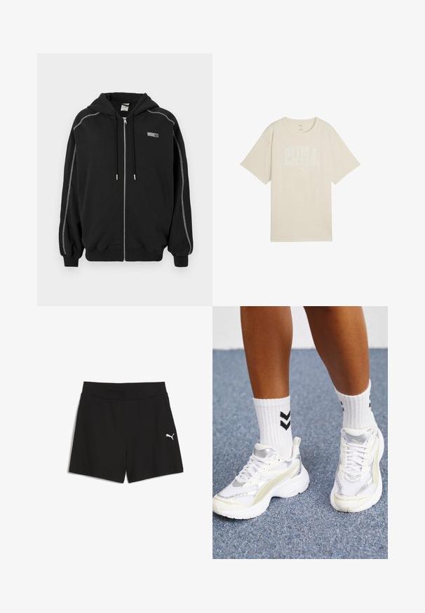 Zwarte rits-hoodie met capuchon en koordjes, witte contraststiksels op de mouwen en een klein "Rosie" logo op de borst.; Beige katoenen t-shirt met een ontspannen pasvorm, voorzien van een witte grafische print met de tekst "PUMA sports club" en een klein logo erboven.; Zwarte shorts van ribbelstof, met een brede elastische tailleband en een klein wit Puma-logo aan de onderlinkerkant.; Witte sneakers met zilveren accenten, gemaakt van mesh-materiaal en met een chunky ontwerp. Gecombineerd met witte sokken met zwarte chevronpatronen.