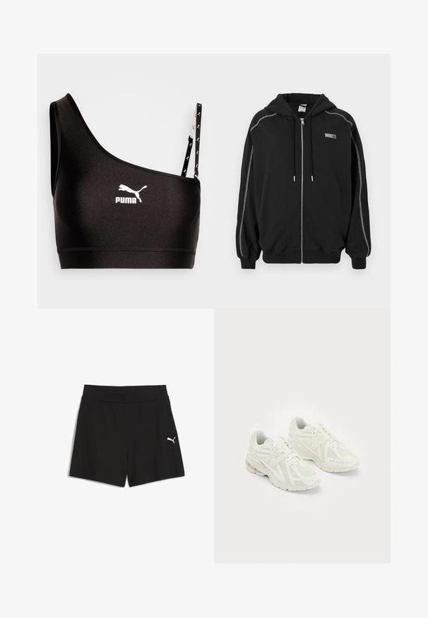 Zwarte rits-hoodie met capuchon en koordjes, witte contraststiksels op de mouwen en een klein "Rosie" logo op de borst.; Zwart sportbh met één schouderband, voorzien van een wit Puma-logo. Soepele, rekbare stof met een strakke uitstraling en contrasterende banddetails.; Zwarte shorts van ribbelstof, met een brede elastische tailleband en een klein wit Puma-logo aan de onderlinkerkant.; Witte sportschoenen van mesh en synthetische materialen, vetersluiting, gevoerde kraag en een gestructureerde zool voor grip. Lichtgewicht constructie.