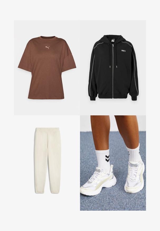 Must mustaga, kapuutsiga ja nööpidega, valgete kontrastsõmmetega varrukatel ning väike "Rosie" logo rinnal.; Pruun lühikeste varrukatega T-särk, mis on valmistatud pehmest kangast, ümara kaelusega ja millel on rinnal väike valge Puma logo.; Heledad beežid dressipüksid, mis on valmistatud pehmest kangast, elastse vöökohtadega, mansettidega säärekestes ja väikese valge logoga külgede peal.; Valged tennisjalanõud hõbedaste aktsentidega, survematerjalist ja massiivse kujundusega. Kombineeritud mustade haakmustritega valgete sokkidega.