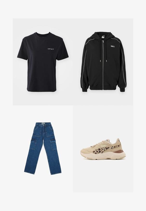 Zwarte rits-hoodie met capuchon en koordjes, witte contraststiksels op de mouwen en een klein "Rosie" logo op de borst.; Zwarte katoenen t-shirt met ronde hals, korte mouwen en wit "carhartt" logo op de linkerkant van de borst. Glad oppervlak, standaard pasvorm.; Brede blauwe denim cargobroek met hoge taille, voorzakken en grote zijflapzakken, plat gelegd op een witte achtergrond.; Beige sneakers met een gestructureerde bovenkant, voorzien van een luipaardprint ontwerp aan de zijkant, een gewatteerde kraag en een stevige witte zool.