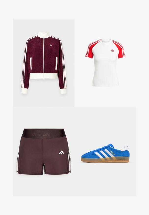 Bordowa kurtka typu cropped z korduroyu z białym ściągaczem w pasie, wysokim kołnierzem, pełnym zamkiem oraz białymi akcentami w trzy paski na rękawach.; Biała koszulka z krótkim rękawem i czerwonymi rękawami raglanowymi, z trzema białymi paskami na każdym rękawie oraz małym czerwonym logo Adidasa na klatce piersiowej.; Burgundowe spodenki sportowe z wysokim stanem, z logo i białymi paskami po bokach. Wykonane z gładkiego, elastycznego materiału dla większego komfortu.; Niebieskie zamszowe sneakersy z białymi paskami i napisem „Gazelle”. Posiadają gumową podeszwę i teksturowane akcenty na cholewce. Klasyczny design.
