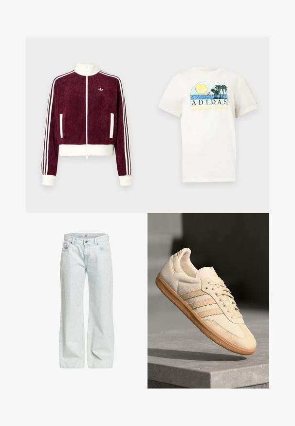Burgunderfarget kordfløyelsjakke med kort lengde, hvit ribbestrikket midje, høy krage, full glidelås og hvite tre-striper på ermene.; Hvit bomulls t-skjorte med grafisk design som viser en sol, palmer og vann. "ADIDAS Sports Club" trykket i grønt og gult.; Lyseblå vide jeans laget av denim, med knappelukking, fem lommer og en lett falmet tekstur gjennom hele.; Lys beige suedette sneakers med gummisåle, tre diagonale striper og en teksturert tåhette. Har logo på tungen og siden.