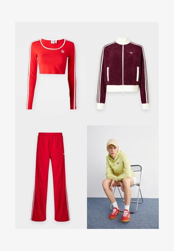 Burgundi bordázott cropped dzseki fehér bordás derékpánttal, magas gallérral, teljes cipzárral és fehér háromsávos díszítéssel a ujjakon.; Piros, hosszú ujjú, rövid fazonú felső, puha anyagból készült, kerek nyakkivágással, fehér oldalsávokkal és egy kis fehér logóval a mellrészen.; Piros sportnadrág laza szabással, elasztikus derékpánttal, két oldalzsebbel és fehér oldalsávokkal. Simább, szintetikus anyagból készült.; Világoszöld kapucnis pulóver logóval, fehér rövidnadrág, piros sportcipő fehér csíkokkal, egy króm összecsukható széken ül egy semleges háttér előtt.