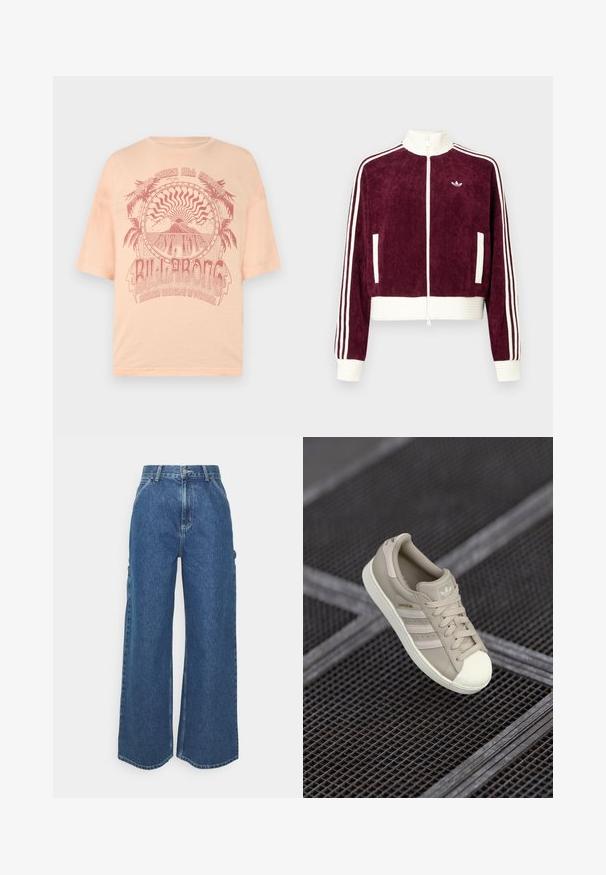 Burgundijas krāsas korduroja īsā jaka ar baltu ribotu jostu, augstu apkakli, pilnu rāvējslēdzēju un baltām trīs svītrām uz piedurknēm.; Gaiši persiku krāsas īsām piedurknēm T-krekls ar sarkanu grafikas dizainu, kurā attēlotas palmu koki un saule ar tekstu "BILLABONG", izgatavots no mīksta kokvilnas materiāla.; Platleņķa zili džinsi ar augstu jostasvietu, kontrastējošām šuvēm un sānu kabatām, ar klasisku piecu kabatu dizainu un neapstrādātiem malām.; Bežs Adidas Superstar adidas ar strukturētu ādas virsējo daļu, trim sānu joslām, noapaļotu purngalu un logotipu uz mēles un papēža.