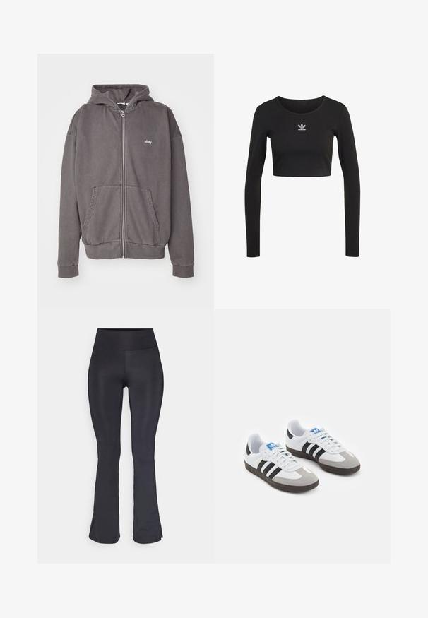 Ogļa pelēks uzvalka kapucis, kas izgatavots no kokvilnas. Aprīkots ar kapuci, priekšējiem kabatām un izšūtu logotipu krūšu daļā. Ribotas aproces un apakša.; Melna garām piedurknēm apgriezta augšdaļa, izgatavota no ribota auduma ar apaļu kakla izgriezumu; centrā krūtīs ir balts Adidas logotips.; Melni platā stila legingi no elastīga auduma, ar augstu jostasvietu un gludu, matētu tekstūru. Nav redzamu rakstu vai akcentu.; Sporta apavi ar balto ādas virsu, pelēku zamšādas purngalu un trim melnām svītrām. Iezīmē zilu logotipu uz mēles un teksturētu gumijas zoli.