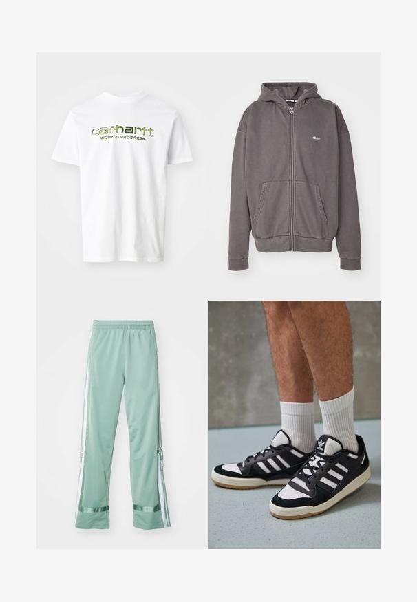 Kapuzenpullover in Anthrazit mit Reißverschluss, aus Baumwolle. Verfügt über eine Kapuze, Fronttaschen und ein gesticktes Logo auf der Brust. Rippbündchen an den Ärmeln und am Saum.; Weißes Baumwoll-T-Shirt mit grünem Aufdruck "carhartt. WORK IN PROGRESS" über der Brust. Kurze Ärmel und klassischer Rundhals-Ausschnitt.; Helle grüne Sporthosen mit weißen Seitenstreifen, Netzeinsätzen und elastischem Bund. Der Stoff ist glatt mit leichtem Glanz.; Schwarz-weiße Sneaker mit einem Obermaterial aus Wildleder und Leder, ausgestattet mit drei weißen Streifen, einer perforierten Zehenpartie und einer Sohle aus Gummi.