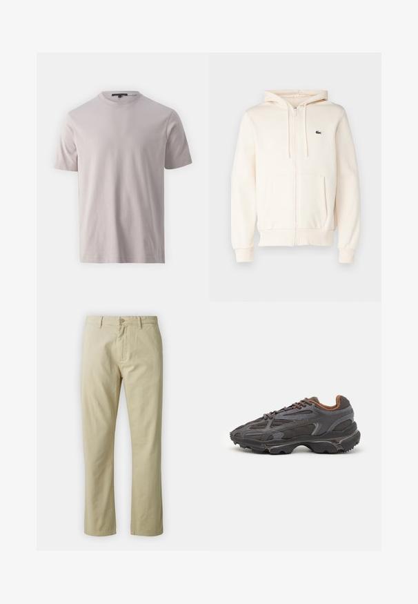 Cream zip-up hoodie with a kangaroo pocket, drawstring hood, ribbed cuffs, and a small dark logo on the left chest. Soft textile material.; DRYKORN RAPHAEL - Basic T-shirt - purple; Beige cotton trousers with a straight-leg design, front button closure, and belt loops. Smooth texture, no visible patterns or accents.; Lacoste sneakers in dark gray with mesh and synthetic material, featuring a textured sole and brown accents on the collar and branding.