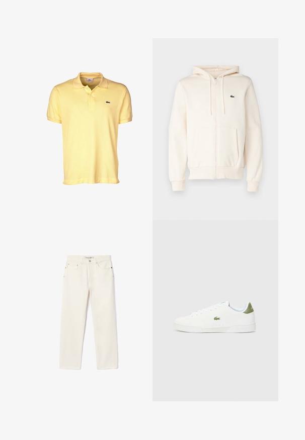 Crème zip-up hoodie met een kangoeroezak, een capuchon met trekkoord, ribgebreide manchetten en een klein donker logo op de linkerborst. Zacht textielmateriaal.; Geel polo-shirt van katoen, voorzien van een twee-knopen placket, korte mouwen en een klein zwart krokodillenlogo op de borst.; Crème-kleurige denim jeans met een rechte pijp, voorzien van twee voorzakken, een knoopsluiting en subtiele branding nabij de tailleband.; Witte sneakers met een gladde textuur, voorzien van een groene accent bij de hiel en een klein geborduurd krokodillenlogo aan de zijkant.