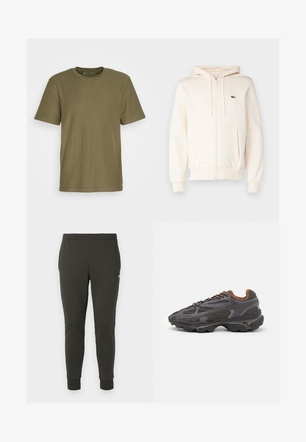Krémová mikina na zip s klokankou, kapucí se stahovací šňůrkou, žebrovanými manžetami a malým tmavým logem na levém hrudníku. Měkký textilní materiál.; Samsøe Samsøe ODIN - Jednoduché tričko - dusty olive; Tmavě zelené tepláky z měkké tkaniny, s elastickým pasem, žebrovanými manžetami a malým logem na boku.; Sněrovací boty Lacoste v tmavě šedé barvě s síťovinou a syntetickým materiálem, prezentující texturovanou podrážku a hnědé detaily na límci a logu.