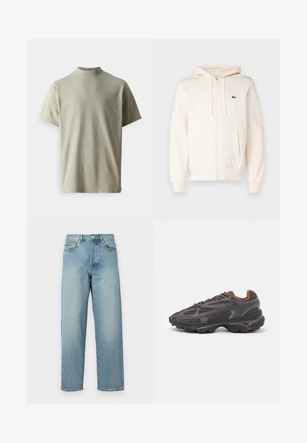 Cream zip-up hoodie with a kangaroo pocket, drawstring hood, ribbed cuffs, and a small dark logo on the left chest. Soft textile material.; Samsøe Samsøe NORSBRO - Basic T-shirt - taupe; Light blue denim jeans with a loose fit, straight legs, five-pocket design, and a button closure at the waist. Minimalistic stitching detail.; Lacoste sneakers in dark gray with mesh and synthetic material, featuring a textured sole and brown accents on the collar and branding.
